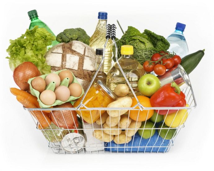 Shopping basket full of mixed groceries