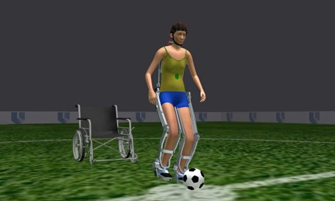 Video screengrab showing model exoskeleton being used to kick off World Cup 2014