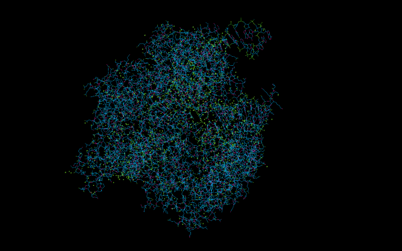 Комплекс CRISPR/Cas9 бактерии Streptococcus pyogenes. Белок Cas9 (голубой) использует РНК-гид (пурпурный) для определения места атаки чужеродной ДНК (зелёный). 